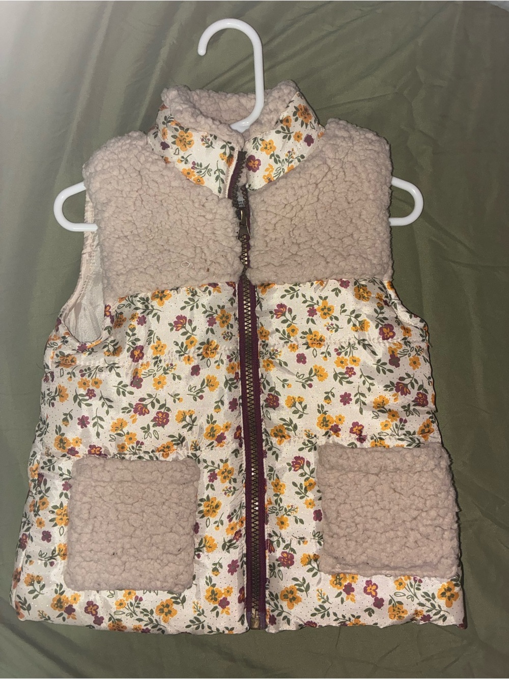 Little Lass Cream Floral Sherpa Vest with Pink Sherpa Trim